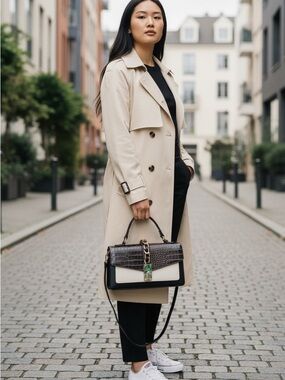 ALDO Tri-Tone Croc-Embossed Top Handle Bag - Black/White/Gold